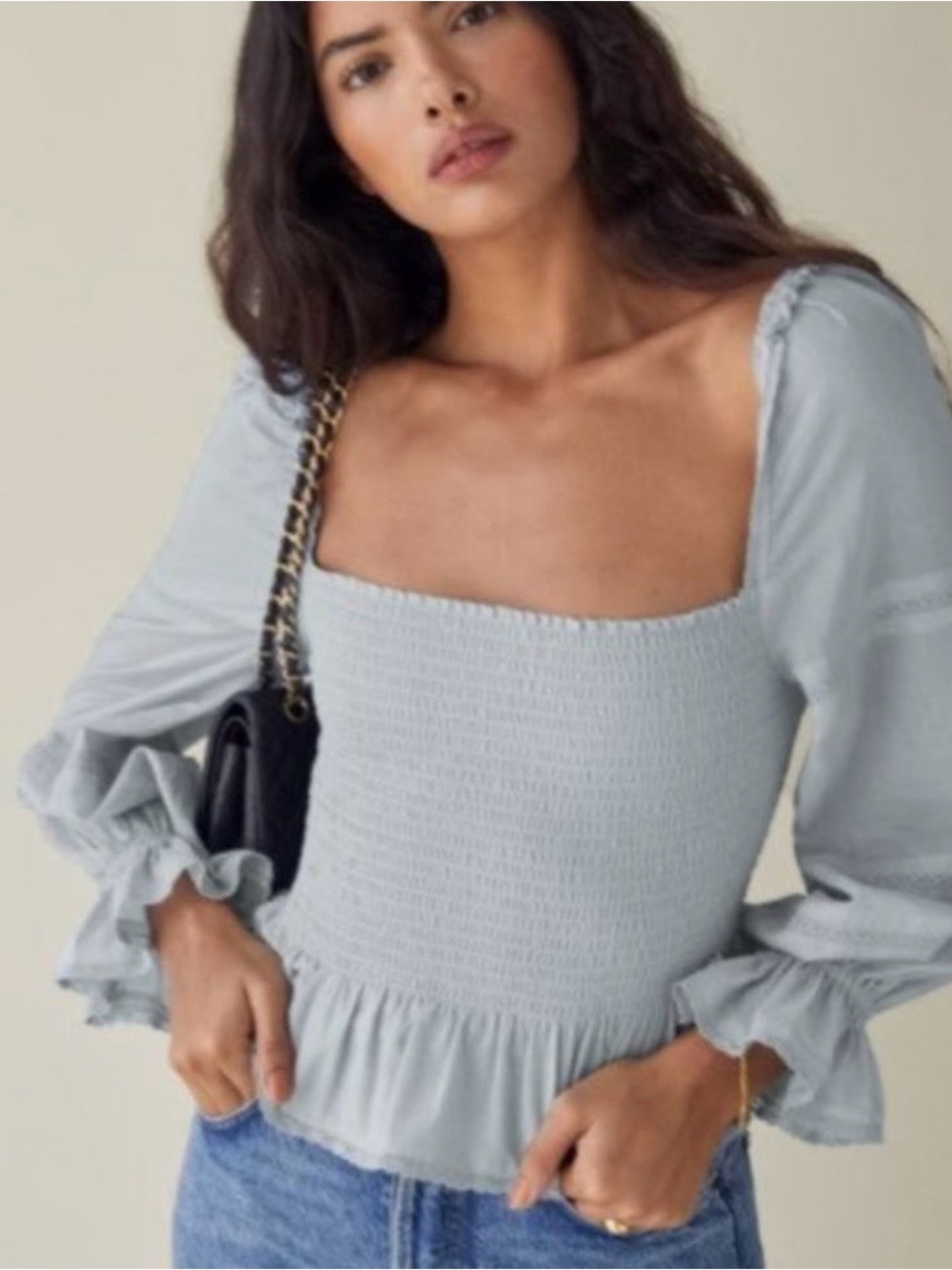 Reformation Light Blue Smocked Top with Square Neck